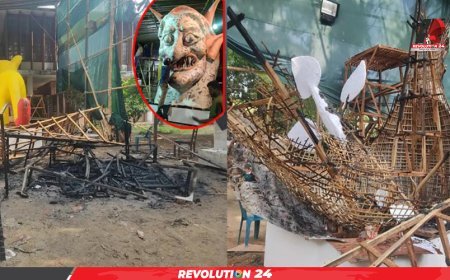 আগুনে পুড়ে গেছে ‘ফ্যাসিবাদের মুখাকৃতি’ ও ‘শান্তির পায়রা’ মোটিফ